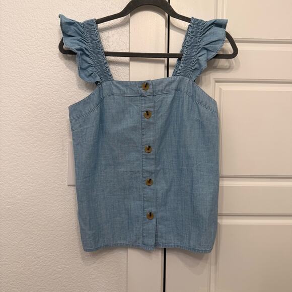 J.Crew Chambray Button-Front Tank Top With Ruffle Straps - Picture 3 of 7